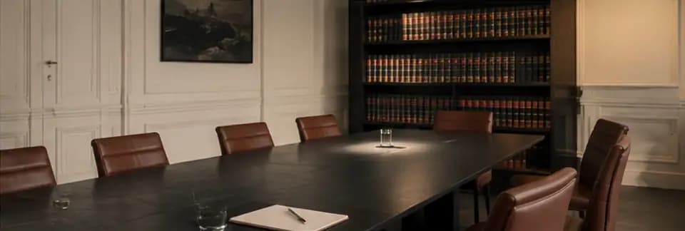 Cabinet — échange et relation directe Salle de réunion sobre avec table et bibliothèque.